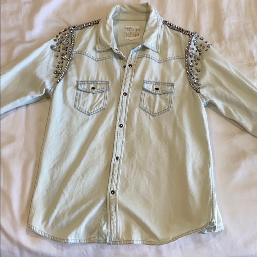 Denim button up shirt with studded gemstones